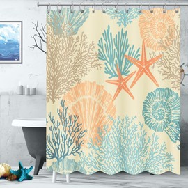 Tritard Nautical Coastal Waterproof Fabric Shower Curtain Starfish Seashell Coral Beach Themed Bath Curtain Ocean Shower Curtains for Bathroom with 12 Hooks, 72x72, Orange