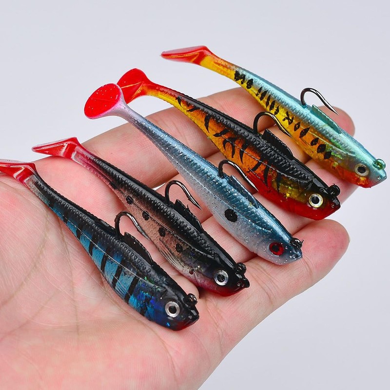 pclapora 5 Stück Gummifische Angelköder, Gummifische mit Jigkopf, Kunstköder Angelköder
