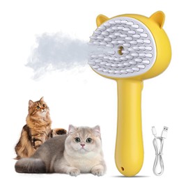 Pet Steam Spray Brush, 4-in-1 Steam Cat Brush with Handle, Rubber Pet Spray Brush, Rubber Pet Spray Brush with Release Button, Dog Comb with Longhair & Shorthair Cat & Dog Cleaner (Yellow)