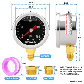 MEANLIN MEASURE 0~200Psi Stainless Steel 1/8" BSP 1.5" FACE DIAL, Glycerin Filled Pressure Gauge, Liquid Filled, Lower Mount(Black) with 1/4" BSP and 3/8" BSP Hex Bushing
