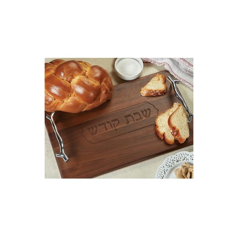 RITE LITE Challah Serving Tray, Acacia Wood, Silver Handles, 16x10,