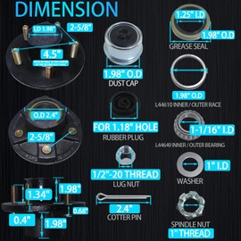 iBroPrat 2 Sets Trailer Hub Kit 5 Bolt 4.5, Trailer Axle Kit for 2000 lb 5 Lug Trailer Hub Fits 1-1/16" Spindle L44649 Brearing with Extra Dust Cap and Rubber Plug