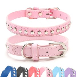 BINGPET Dog Leather Collar, Adjustable Dog Real Split Leather Studded Pet Collar, Durable Doggy Collars for Small Medium Large Dogs, Pink S