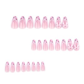Pink Press on Nails French Tip Fake Nails Strawberry Glue on Nails with Bow Design Summer False Nails Glossy Artificial Acrylic Full Cover Medium Almond Stick on Nails for Women Manicure 24Pcs