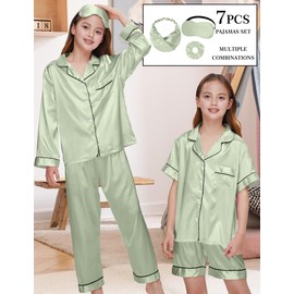 SEALINF 4 Pcs Silk Pajamas for Girls Kids Satin Pajamas Long Short Sleeve Long Pants Shorts Pjs Set with Sleep Mask, Sage Green, 5-6 Years