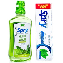 Spry Alcohol-Free Xylitol Mouthwash, Natural Herbal Mint, Healing Blend - 16 fl oz + Toothpaste, Fluoride-Free, Natural Peppermint, Anti-Plaque and Tartar Control, 5 oz (Bundle Pack)