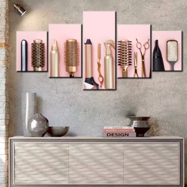 Beauty Salon Pictures for living Room Professional Haircut Tools Paintings 5 Panel Prints Canvas Wall Art Home Modern Decor Hair Accessories Artwork Giclee Framed Stretched Ready to Hang(50''Wx 24''H)