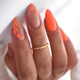 Orange Press on Nails Medium Almond Acrylic Nails Nude Fake Nails with Leaves Designs French Tip Nails Press on Natural Stick on Nails Full Cover Glue on Nails for Women Girls 24Pcs