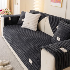 tianxinbaobei Non Slip Couch Cover Washable, Warm & Cozy Rabbit Plush Sofa Cover, Waterproof Faux Fur Couch Covers for Sofa(Black/36 x63/Loveseat Sofa Cover)