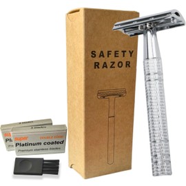 Premium Silver Double Edge Safety Razor – Durable Metal, Eco-Friendly Shaving & Reusable | Zero Waste, Plastic-Free Close Wet Shaver for Men & Women | plus 10 Razor Refills + Cleaning Brush (Silver)