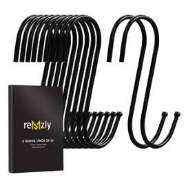 Remzly 30 Pack S Hooks for Hanging 3.5 Inch | Heavy Duty Carbon Steel Hangers for Kitchen Utensils, Plants, Pot, Pan, Cups, Towels – Black
