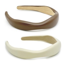 Guiguishiny 3cm Leder Hartes Stirnband Breites PU Gepolstertes Stirnband Retro Style Haarband Mode Bequeme Stirnbänder für Frauen und Mädchen (Beige+Kaffee, ONE SIZE)