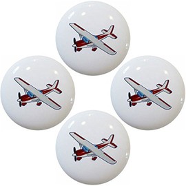 Red Airplane Aviation Ceramic Cabinet Drawer Pulls Knobs (Set of 4 Knobs)