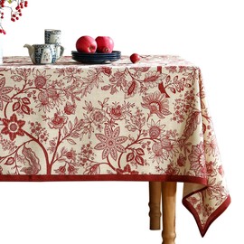 ISAENNE French Tablecloth for Rectangle Tables,Linen Table Cloth with Red Flowers Pattern,Heavy Durable Table Cover for Dining Thanksgiving Kitchen Decor Party Christmas,55"*71"
