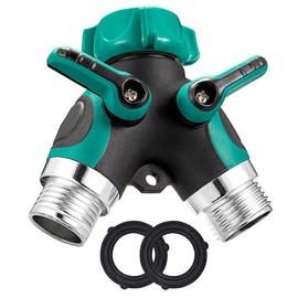 Garden Hose Splitter 2 Way with 2 Extra Rubber Washers, Heavy Duty Zinc Alloy Hose Y Splitter with 2 Valves, 3/4 Inch Double Y Connector Faucet Splitter(Dark Green)
