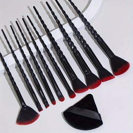 10-Piece Makeup Brush Set with Unicorn-Inspired Handles, Synthetic Bristles (10 Threaded Black + Powder Puffs)