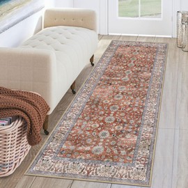 KUTA - Alfombra de terracota para pasillos, 2 x 6 pulgadas, clásico, diseño floral, antideslizante, lavable, ultra fina, suave, impresa, retro, envejecida, para recámara, lavandería, guardería