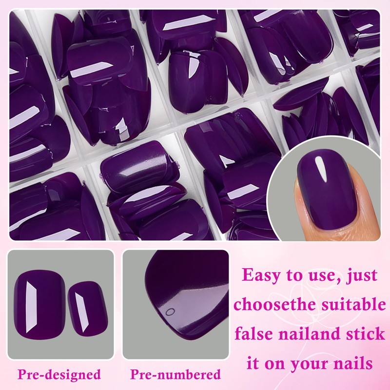 240PC Extra Short Press on Nail Square Dark Purple Fake