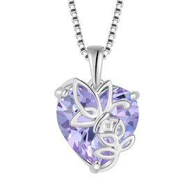YL Heart Necklace 925 Sterling Silver Butterfly Pink Pendant Chain 12 Birthstone Cubic Zirconia Jewellery Gifts for Women Mother Girlfriend, Silver, Alexandrite