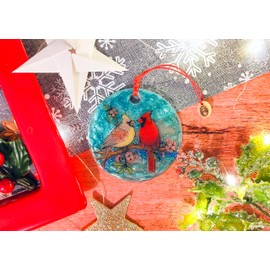 Bolla Glass Art - Cardinal Ornament, Fused Glass, 3 in Flat, Hanging Suncatcher