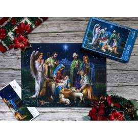 Crown Point Graphics Nativity Puzzle - 500 Piece Jigsaw Puzzle - Soft Touch Design - Christmas Holy Religious Puzzle with Baby Jesus, Mary, Joseph, Three Wise Men and Angel - Artist Marcello Corti