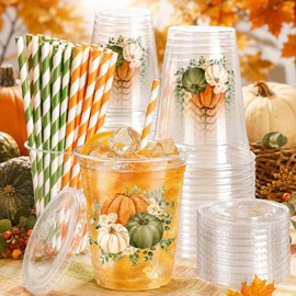 50Pcs Fall Plastic Cups with Lids Straws Pumpkin Floral Disposable Cups 12oz Orange Green White Harvest Party Drinkware for Autumn Thanksgiving Halloween Supplies