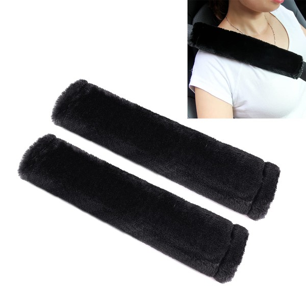 Amooca Soft Faux Sheepskin Seat Belt Shoulder Pad for a More Comfortable Driving, Compatible with Adults Youth Kids - Car, Truck, SUV, Airplane,Carmera Backpack Straps 2 Packs Black