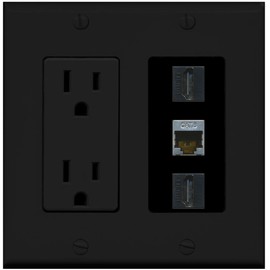 RiteAV - 15 Amp Power Outlet 2 Port HDMI 1 Port Shielded Cat6 Decorative Wall Plate - Black