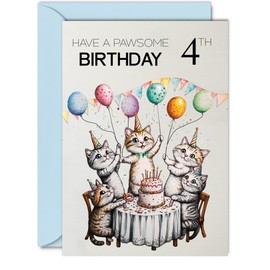 4th Birthday Card for Boys Girls - Pawsome Party Cats Balloons - Happy Birthday Cards for 4 Year Old Boy Girl, 5x7 Inch Cat Bday Greeting Cards
