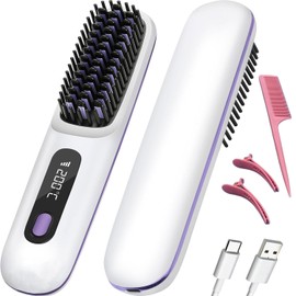 Wireless Hair Straightener Curling Brush Portable Hot Comb Negative Ion Straightening Airwrap Cordless Blow Dryer Lazy Crimper Touch-ups On-The-Go Styling 250°F to 410°F Rechargeable (White)