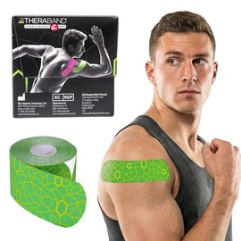TheraBand Kinesiology Tape, Physio Tape for Pain Relief, Muscle Support, & Injury Recovery, Standard Roll with XactStretch Application Indicators, 2" X 10" Strips, 20 Pack Precut Green/Yellow