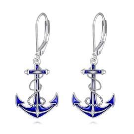 Anchor Drop Earrings 925 Sterling Silver Blue Anchor Dangle Earrings Nautical Theme Jewelry Gifts for Women (Blue Anchor)