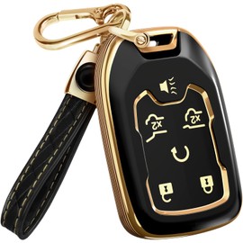 for Chevy Suburban Key Fob Cover and Leather Keychain - TPU Key Case for GMC Acadia Sierra Tahoe Terrain Yukon - 2014-2023 Keyfob Cover for Silverado HYQ1AA - Black and Gold