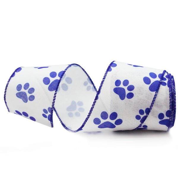 SKOVVART Navy Blue and White Paw Print Wired Edge Ribbon,
