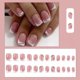 24Pcs, French False Nails Short，Classic French Fake Nails, White Tip & Square Pattern, With a Glue
