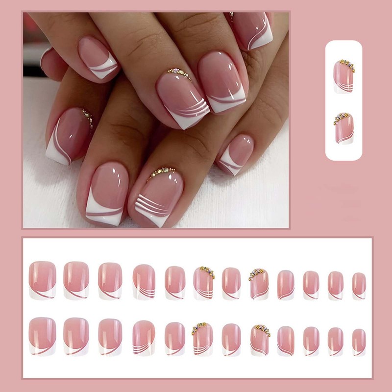 24Pcs, French False Nails Short，Classic French Fake Nails, White Tip