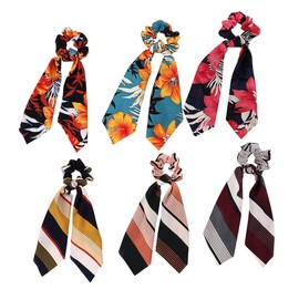 FRCOLOR 6pcs Chiffon Printed Hair Scrunchies Elastic Ribbon Hair Bands with Bowknot Design for Women for Daily Wear Christmas Costume Party Stage Performance