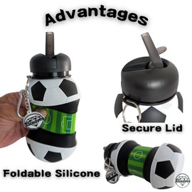 Soccer Ball Foldable Water Bottle with Key ring Clip Straw & Safe Cap + 30 PCS Shoe & Bag Premium Charms Croc, Made Foldable BPA-Free Silicone,18 Oz, Food Grade, Leak Proof, Design Portable. (Boys)