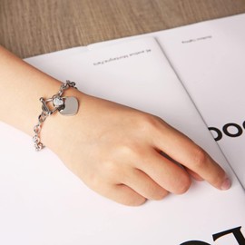 HZMAN Love Heart Bracelet for Women Stainless Steel Cute Cubic Zirconia Heart Bracelet Romantic Jewelry Gift Toggle Clasp Link Bracelet (Silver)