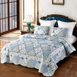 VIVILINEN Blue Patchwork Quilt Set King Size Reversible Quilted Bedspread Coverlet 3-Piece Floral Lightweight Comforter Stitched Bedding Set Bed Sheet Cover Blanket with 2 Pillow Shams for All Season