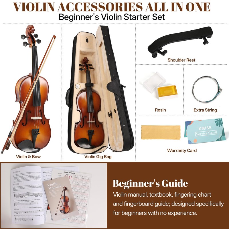 Kmise Violin 4/4 Full Set, High Density Ebony Violins, Glossy