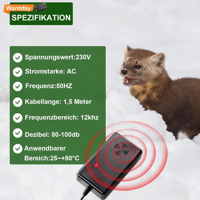 Warmfay Warmfay Marderschreck mit Stecker, Marderabwehr Haus, Marderfalle Marder Ultraschall