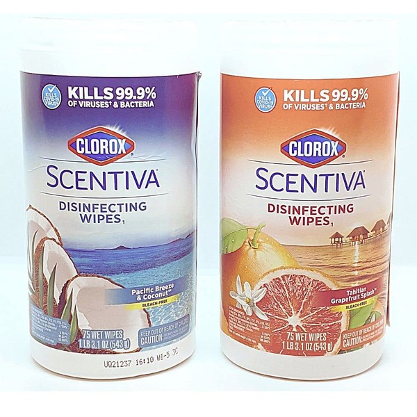 The Clorox Company Clorox Scentiva Wipes, Bleach Free Cleaning Wipes, 75 Count - (Variety Pack) Pacific Breeze & Coconut and Tahitian Grapefruit Splash Scents (60036-60037)