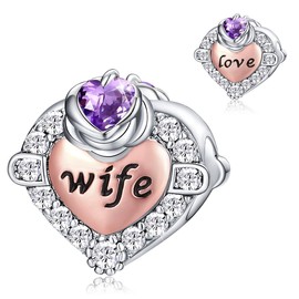 FOREVER QUEEN Love Heart Wife February Birthstone Charm for Bracelet 925 Sterling Silver Wife Charms Bead for Bracelet, Best Birthday Gift for Wife With Jewelry Box