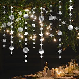 RIVIEVAL 52ft Circle Dot Streamer Garland Decoration, Party Decorations Twinkle Star Streamer Star Garland Decoration For Birthday Party Wedding Baby Shower Anniversary Decor(silver)