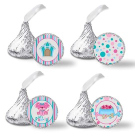 Pink Puppy Dog Paw-ty Birthday Party Kiss Sticker Labels for Girls, 300 Circle Stickers for Chocolate Drop Kisses by Amanda Creation, Great for Party Favors, Envelope Seals & Goodie Bags