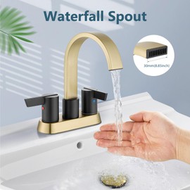 Aolemi Bathroom Faucets for Sink 3 Hole,4 Inch Centerset Waterfall Faucet 2 Handle for Bathroom Sink with Pop-Up Drain and Supply Lines Brushed Gold and Matte Black