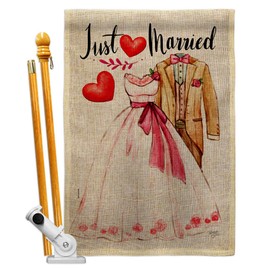 Breeze Decor Just Married Burlap House Flag Set Celebration Wedding Marriage Bride Groom Mrs Occasion Anniversary Party Decoration Banner Small Garden Yard Gift Double-Sided, Made in USA