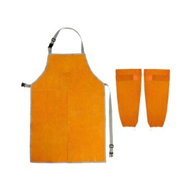 QWORK Welding Apron& Sleeves, Welding Work Protectors Set, Heat and Flame Resistant Leather Work Shop, Blacksmith Protective or Safety Clothing, Welders, Fireplace, Gardening, BBQ Apron, Bib Apron