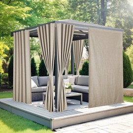 NICETOWN 100% Blackout Linen Outdoor Curtains for Patio, Waterproof & Windproof Gazebo Curtains Sticky-Back Top & Back Tab Bottom, Sun Shades with 2 Straps & Rope, W52 xL84, Natural, 2 Panels